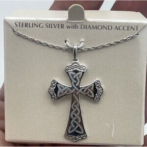 Sterling Silver Diamond Accent Etched Celtic Cross Pendant Necklace New
